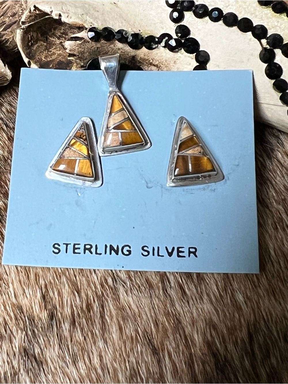 Native sterling silver. Jasper & tigers eye inlay pendent, earrings